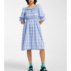 And April pastel lilac, blue & green check  peasant midi dress made in Korea NWT